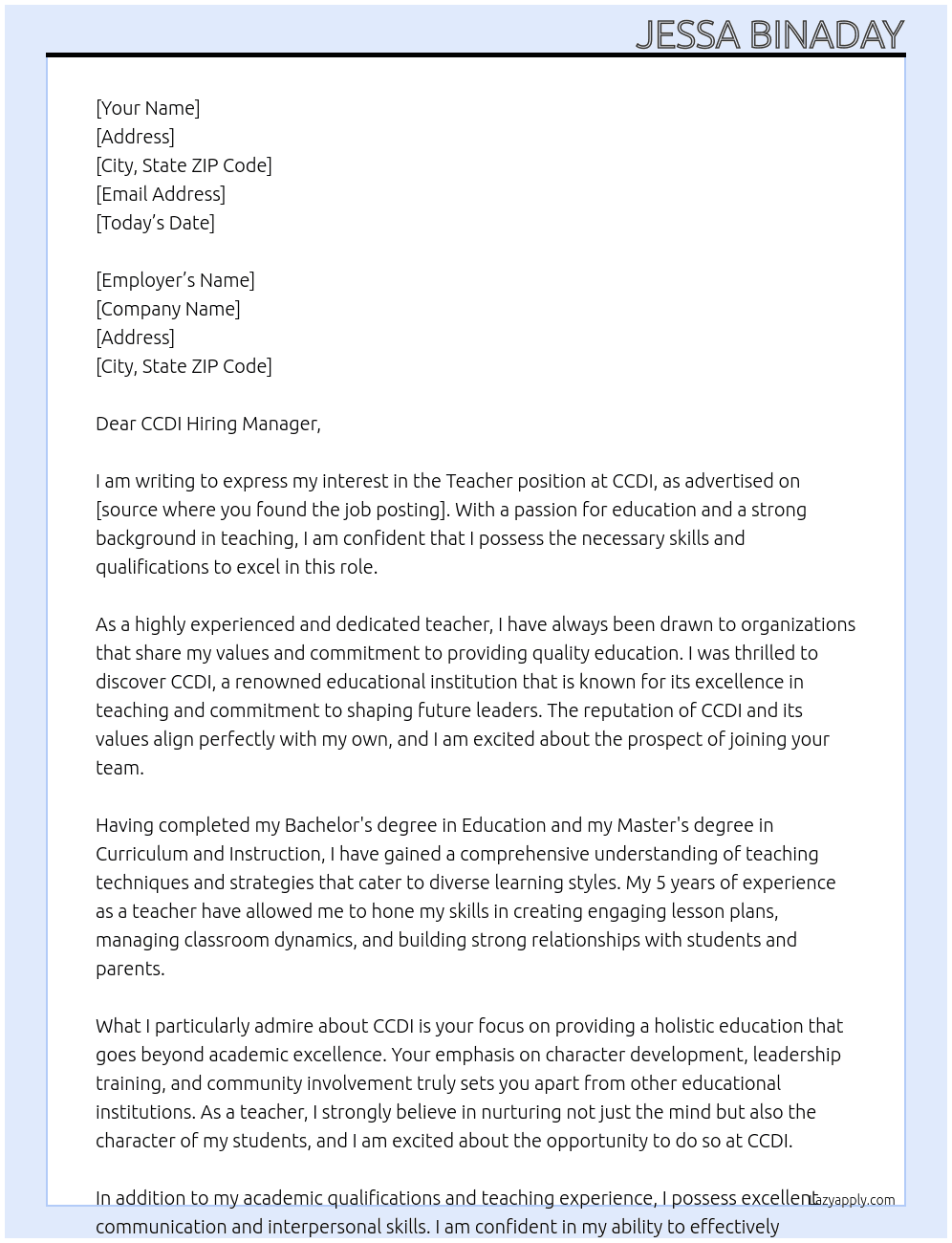 Teacher At CCDI Cover Letter