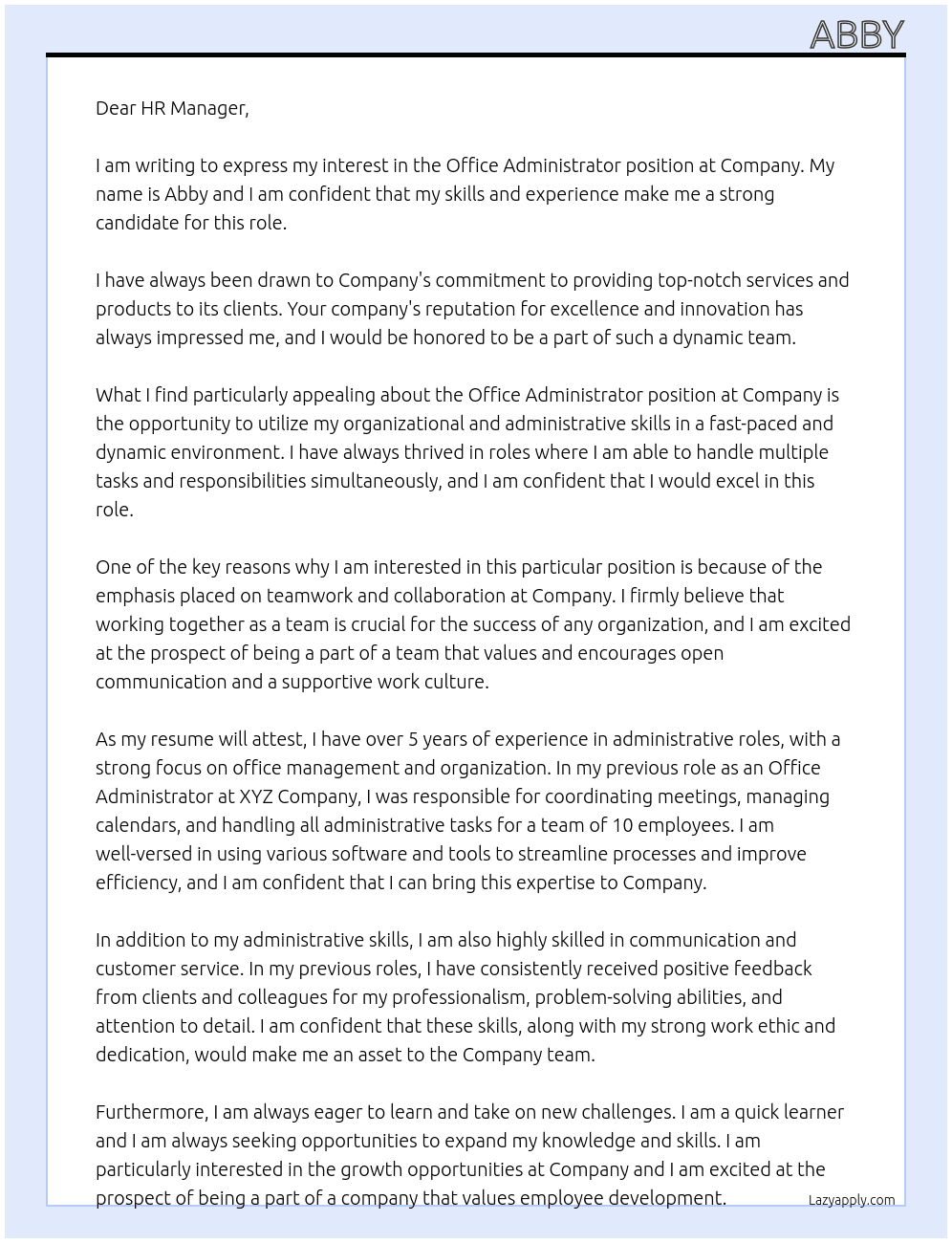 Office Administrator  At Company  Cover Letter