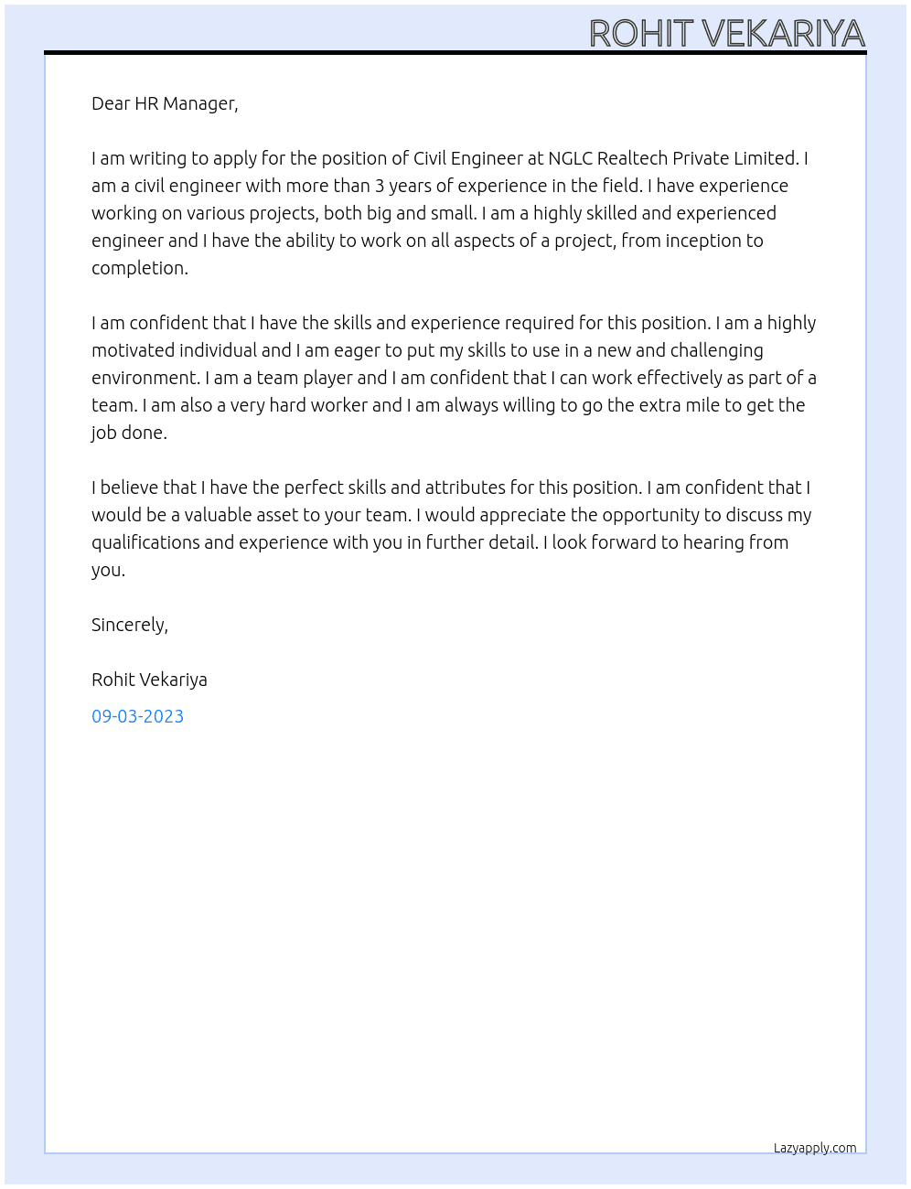 CIVIL ENGINEER  At NGLC Realtech Private Limited Cover Letter