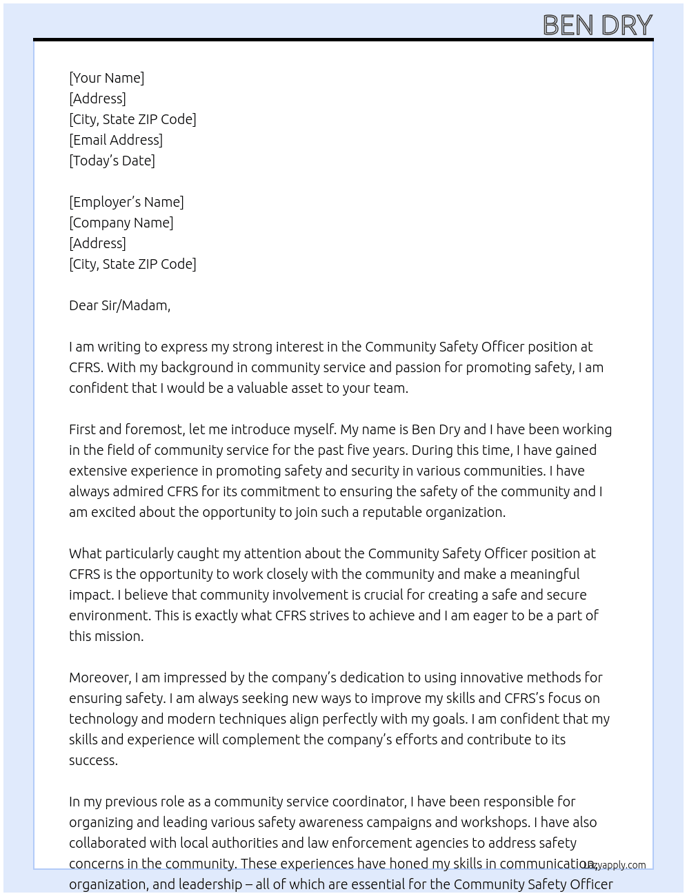 Community safety officer At CFRS Cover Letter