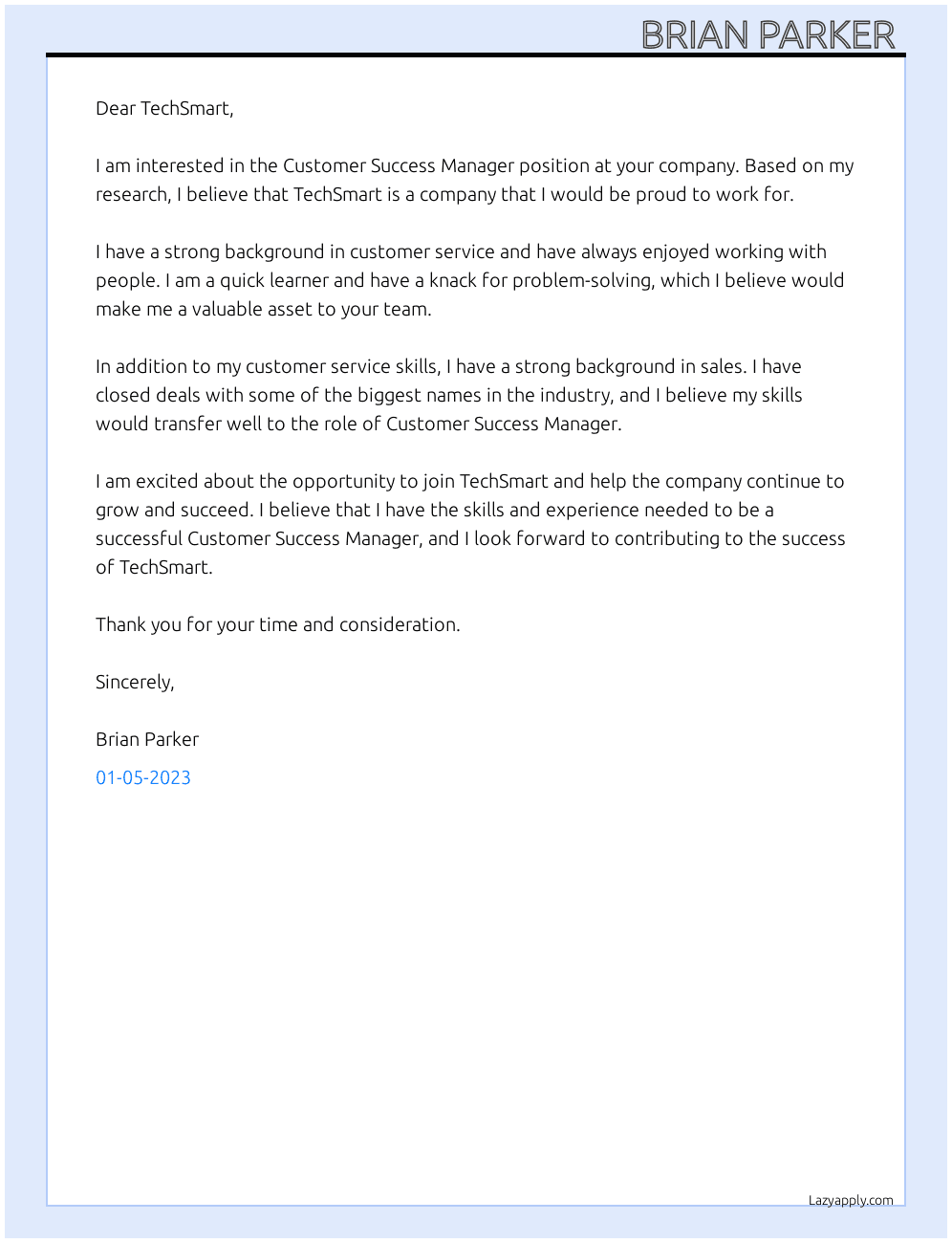Customer Success Manager At TechSmart Cover Letter