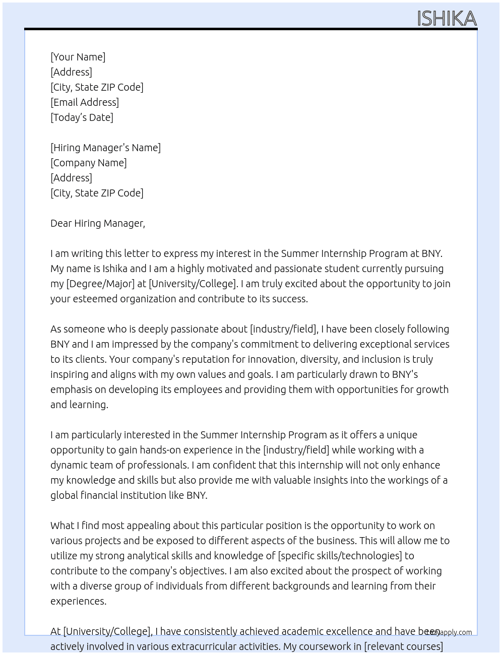 Summer Internship Program At BNY Cover Letter