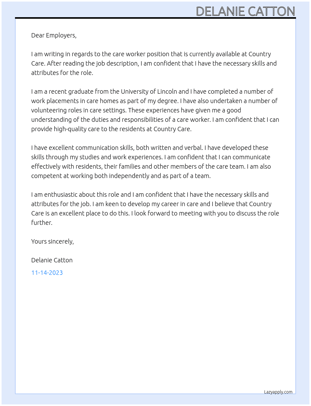 Care worker At Country Care  Cover Letter