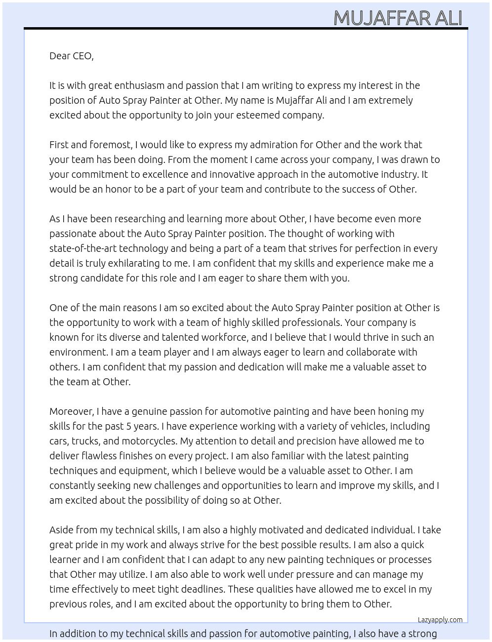 Cover letter for auto spray paintar - LazyApply