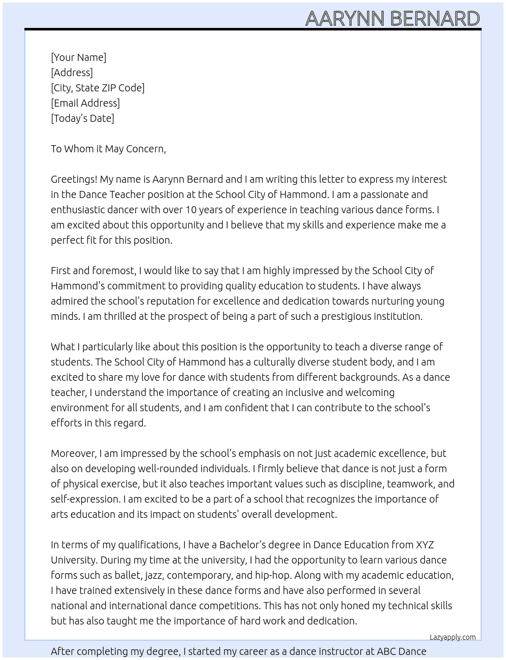 Dance Teacher At School City of Hammond Cover Letter