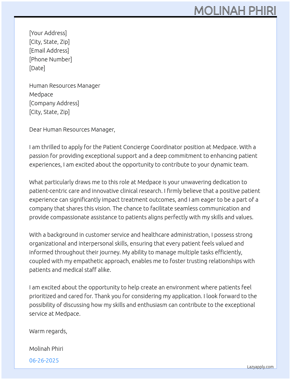 patient concierge coordinator  At Medpace Cover Letter