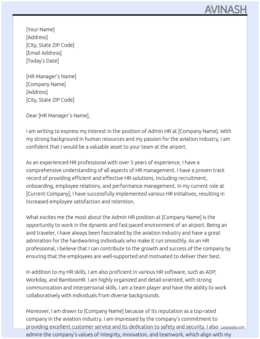 admin hr  At Airport  Cover Letter