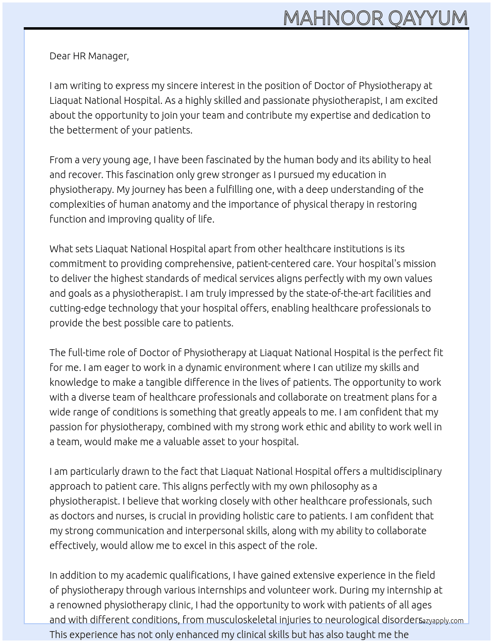 doctor of physiotherapy At liaquat national hospital Cover Letter