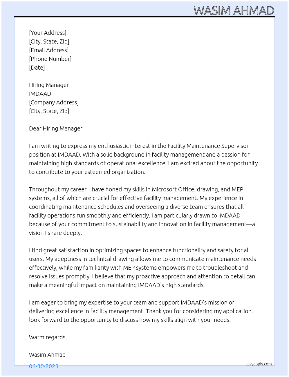 Facility maintenance supervisor At IMDAAD Cover Letter