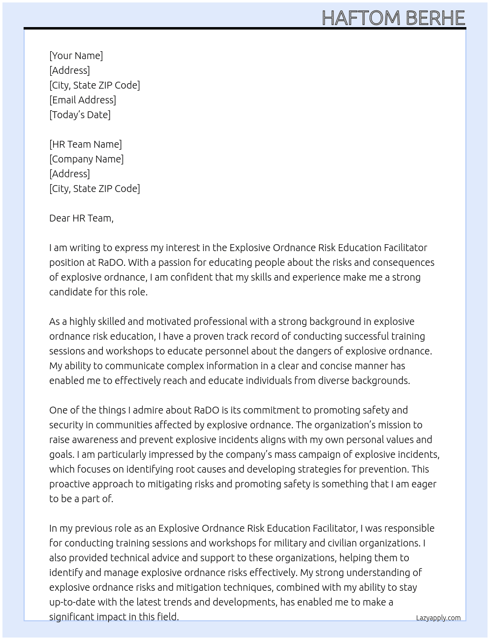 Explosive Ordnance Risk Education Facilitator  At RaDO Cover Letter