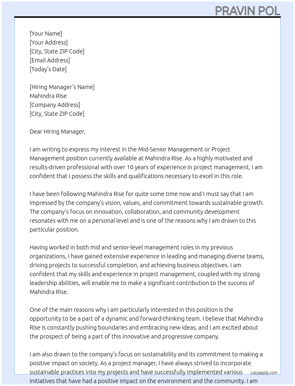 Mid-Senior Management or Project Management At Mahindra Rise Cover Letter