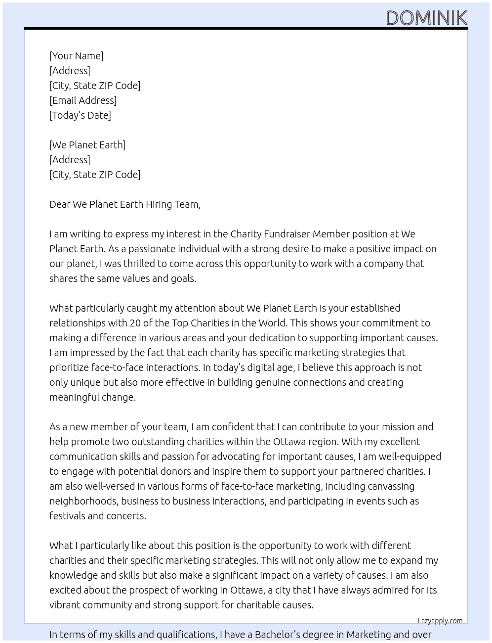 Charity Fundraiser Member At We Planet Earth Cover Letter