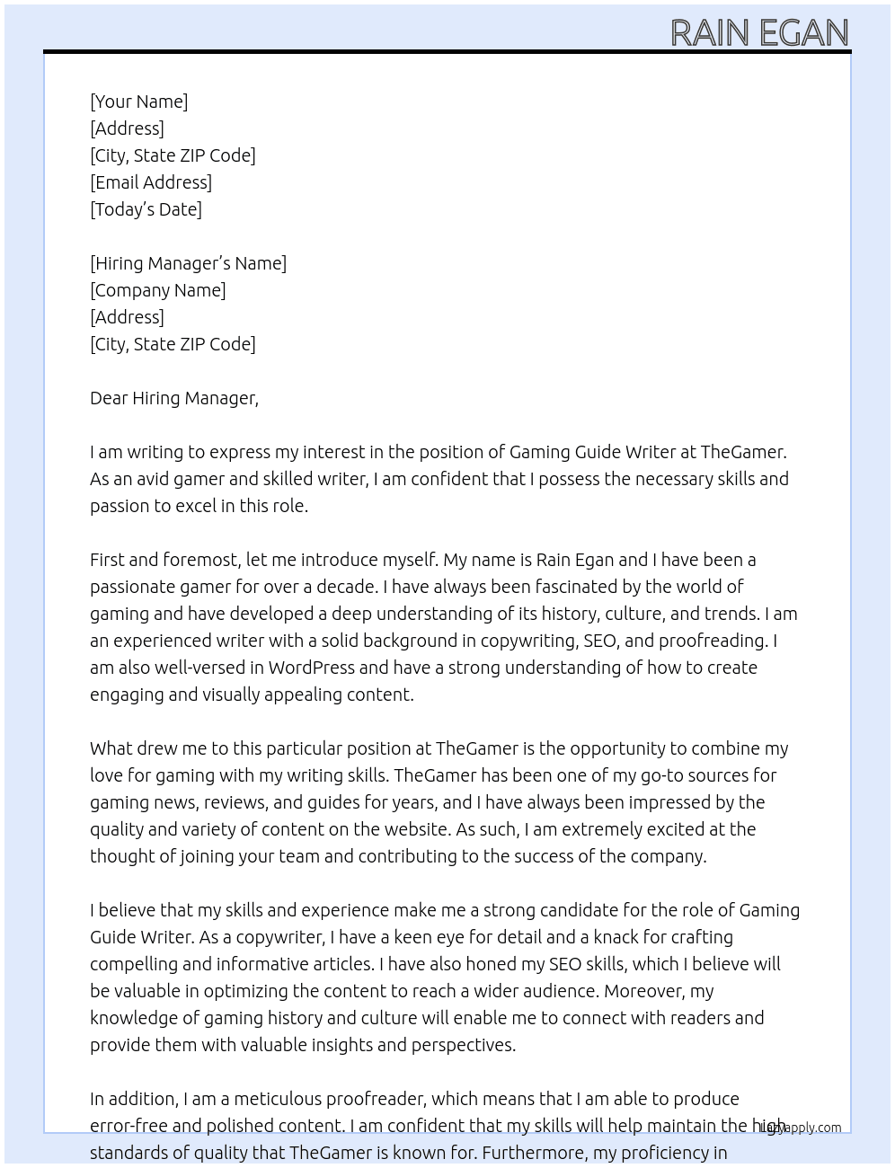 gaming guide writer At TheGamer Cover Letter