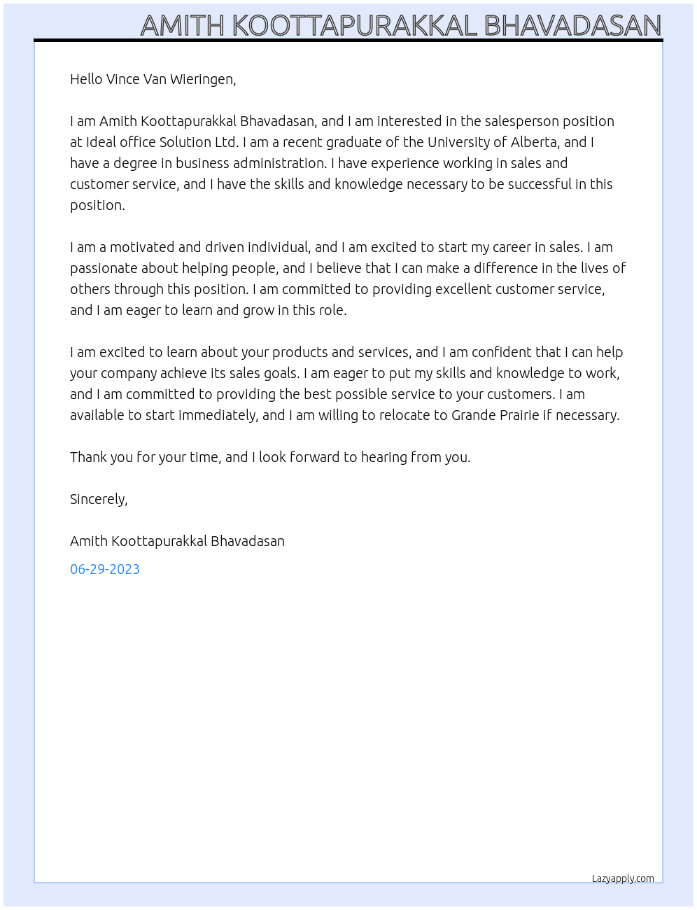 Salesperson At Ideal office Solution Ltd Cover Letter