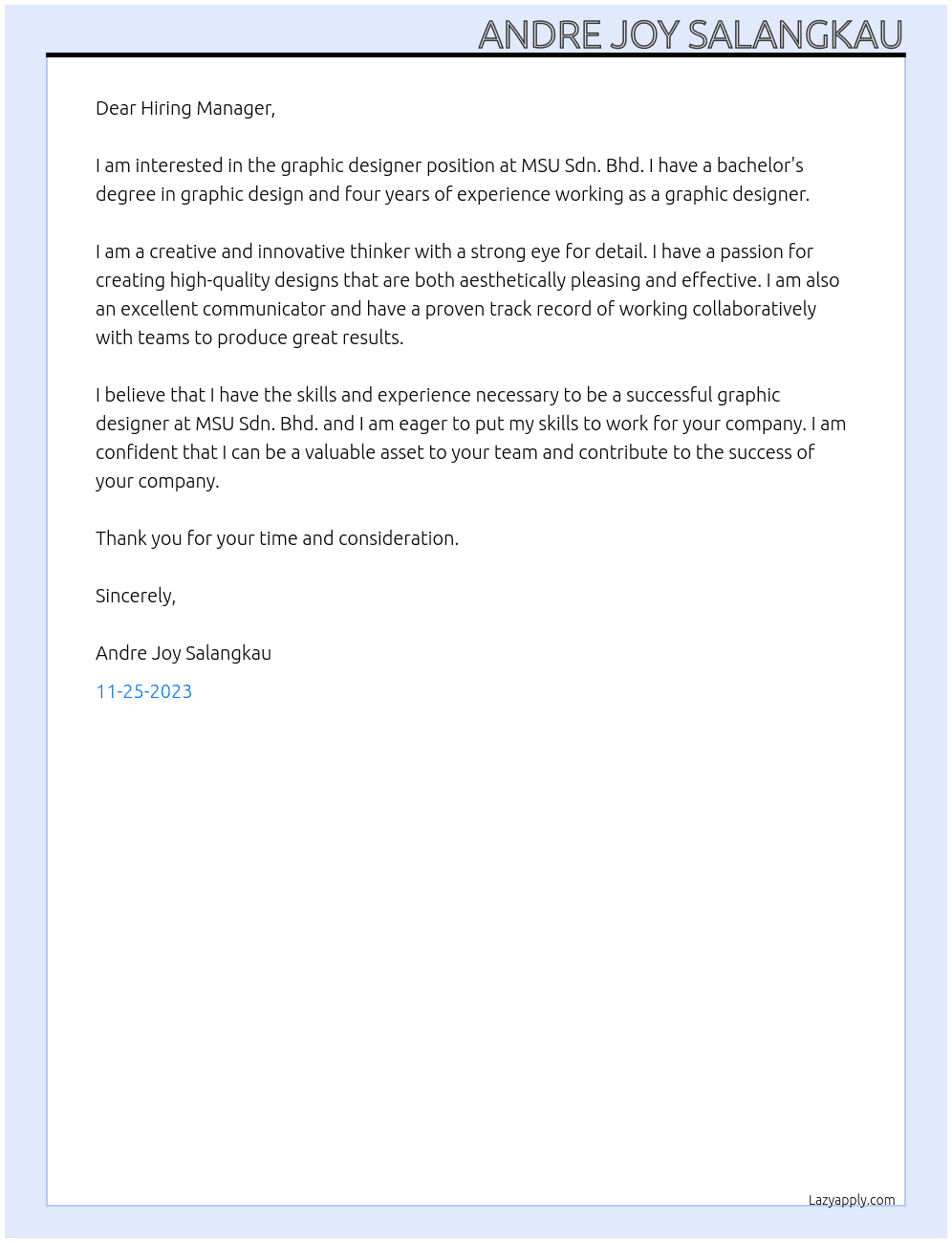 Graphic Designer  At MSU Sdn. Bhd. Cover Letter