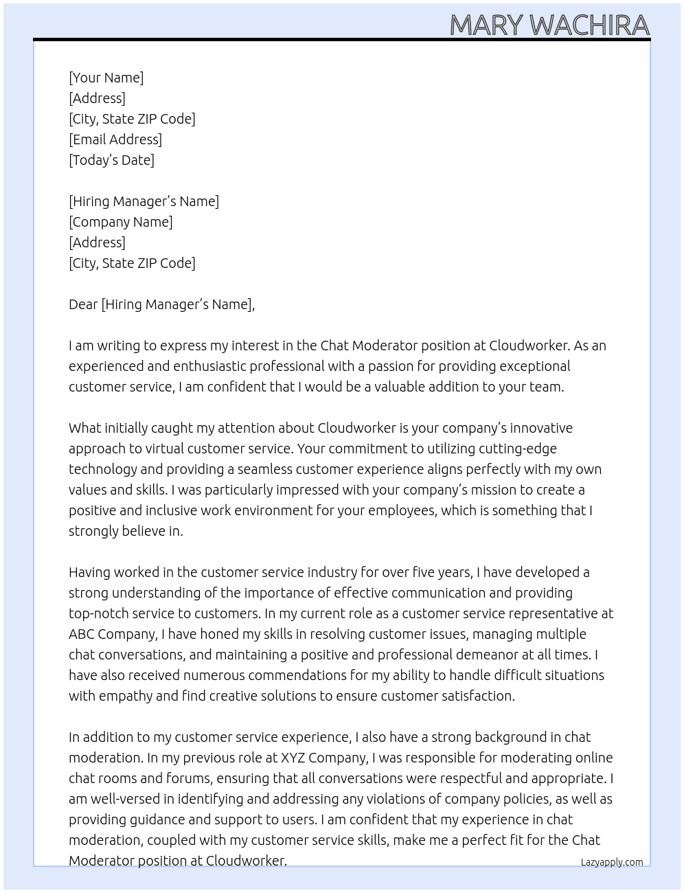 chat moderator  At cloudworker  Cover Letter