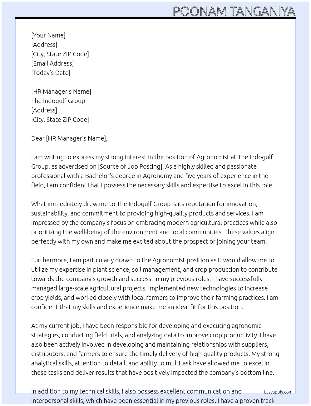 Agronomist At The Indogulf Group Cover Letter