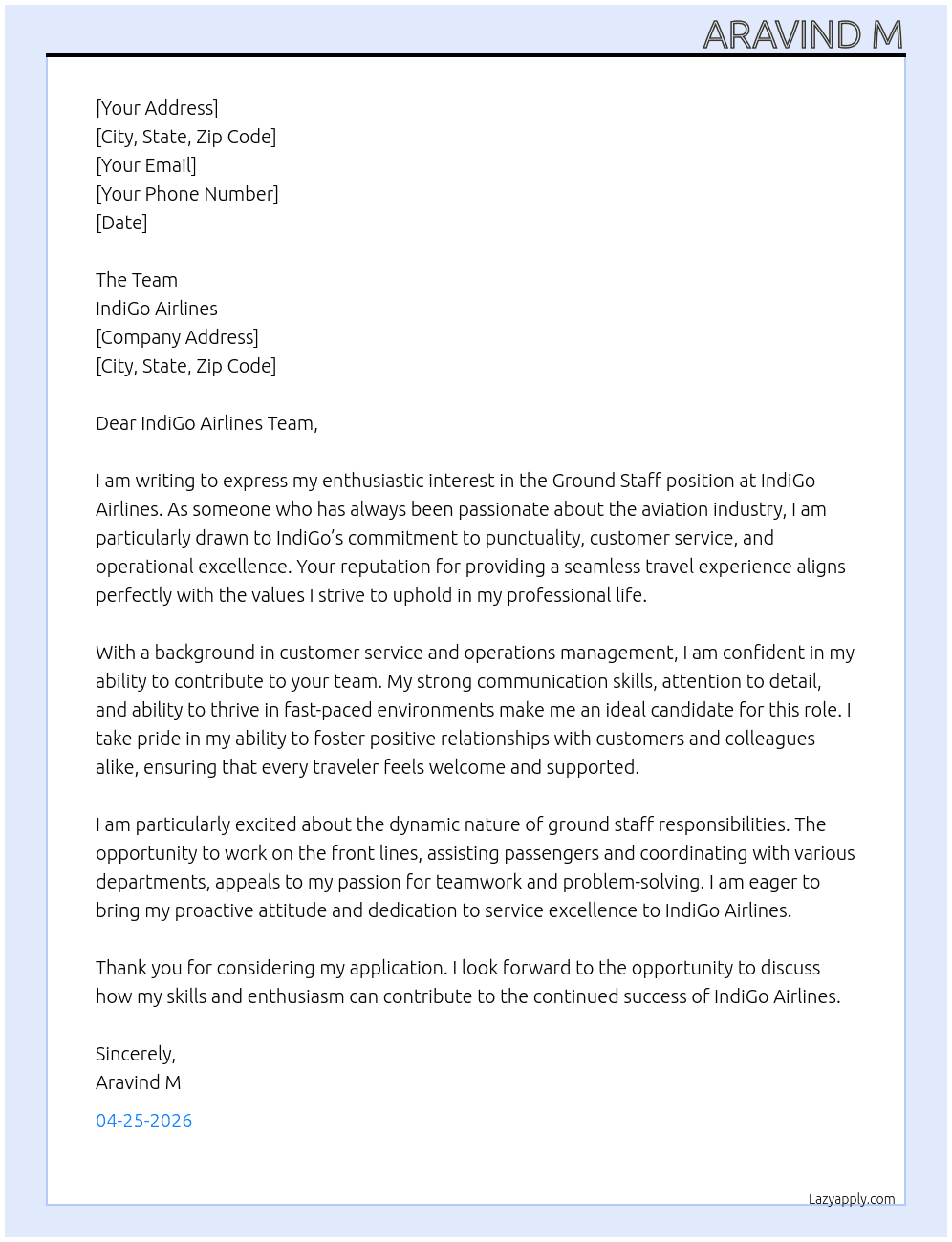 Ground staff At Indigo airlines  Cover Letter