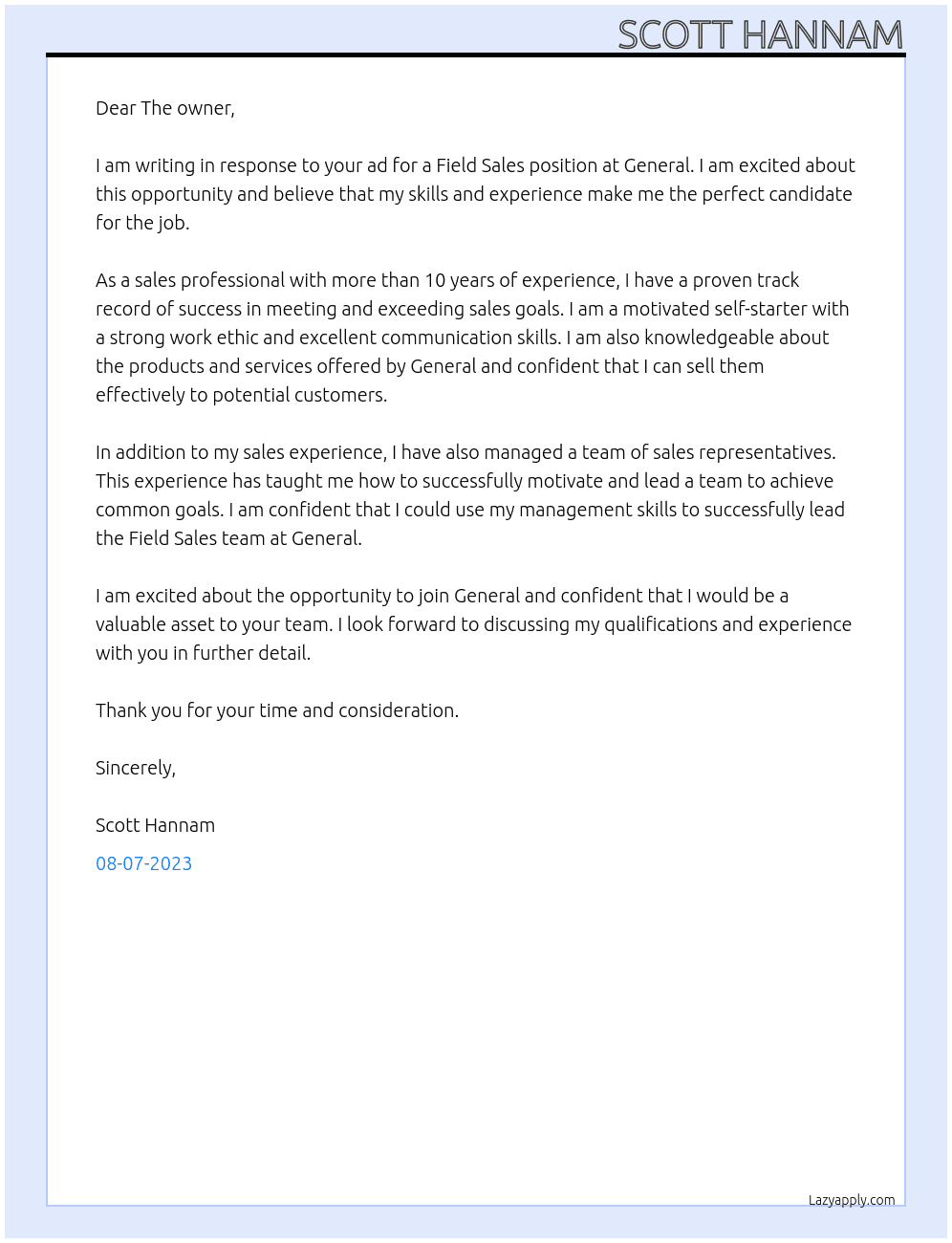 Field Sales At general Cover Letter