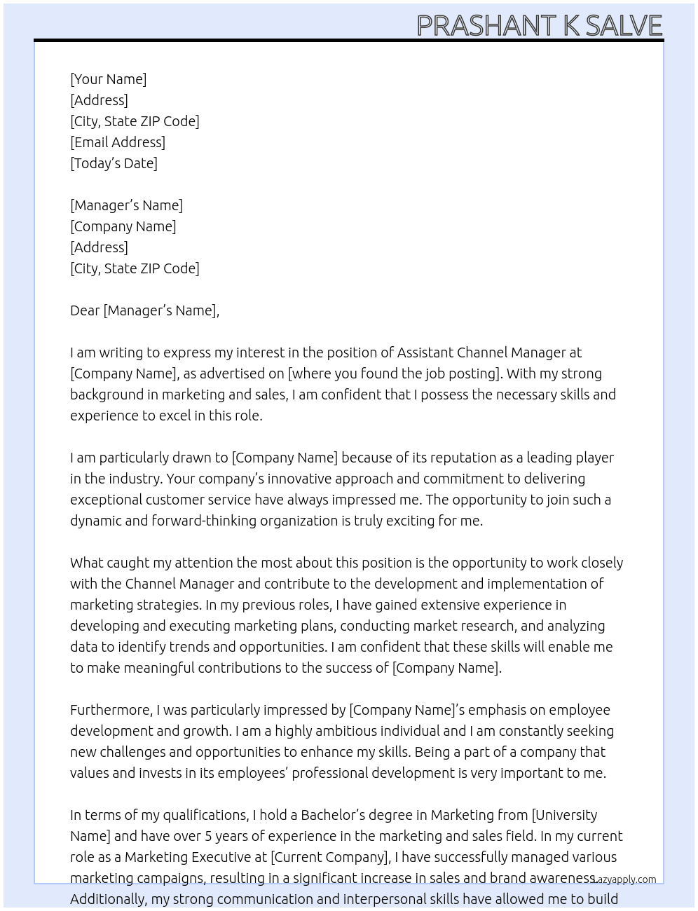 Assistant Channel Manager At New Opening Cover Letter