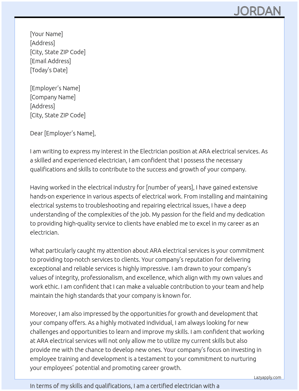 Electrician At ARA electrical services Cover Letter