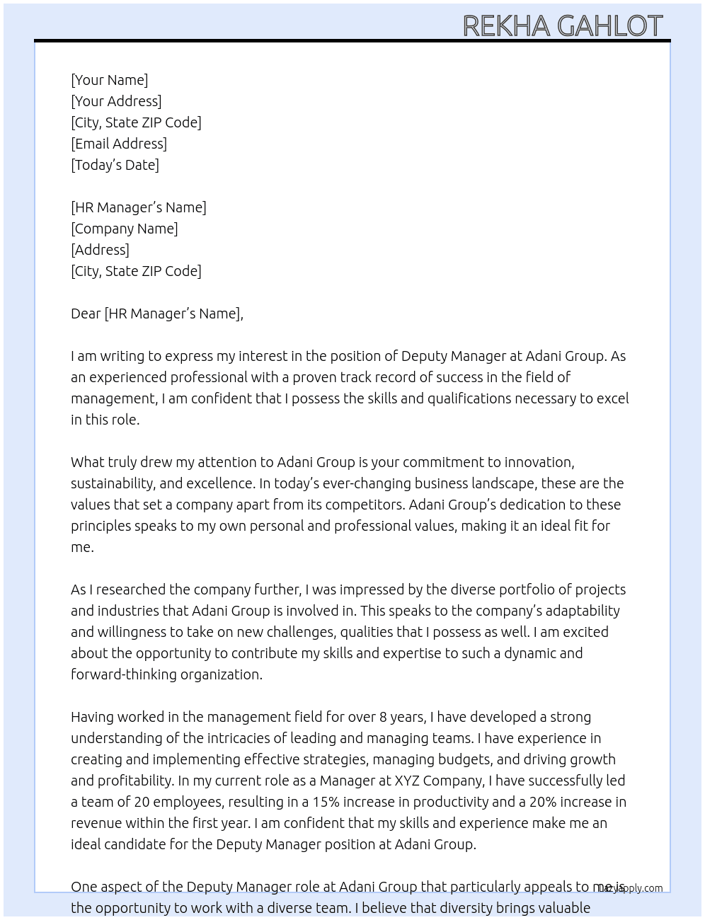 Deputy manager  At Adani Group  Cover Letter