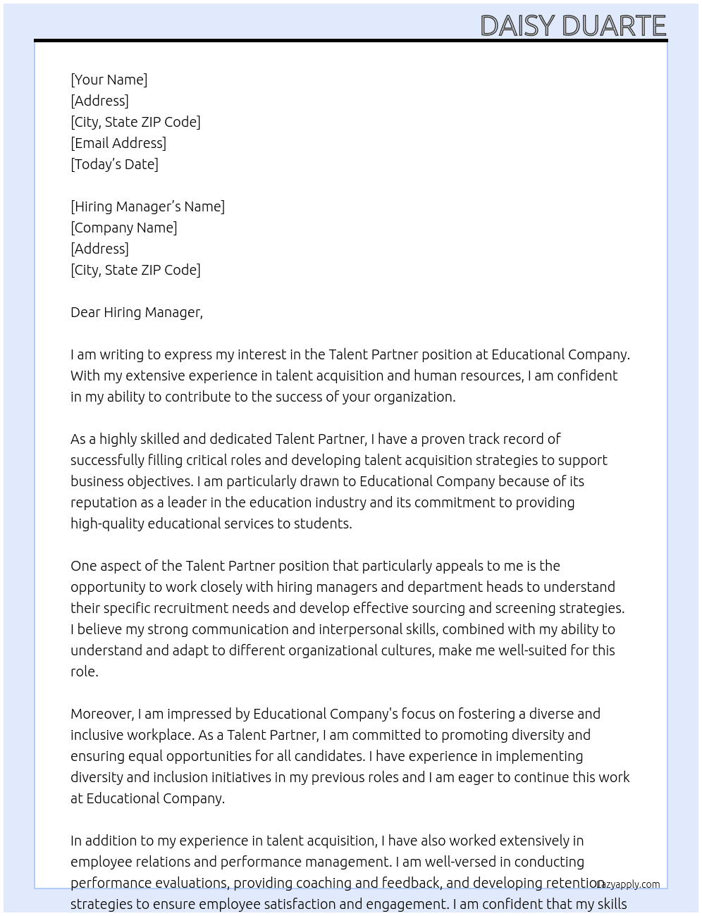 Talent Partner At Educational Company  Cover Letter