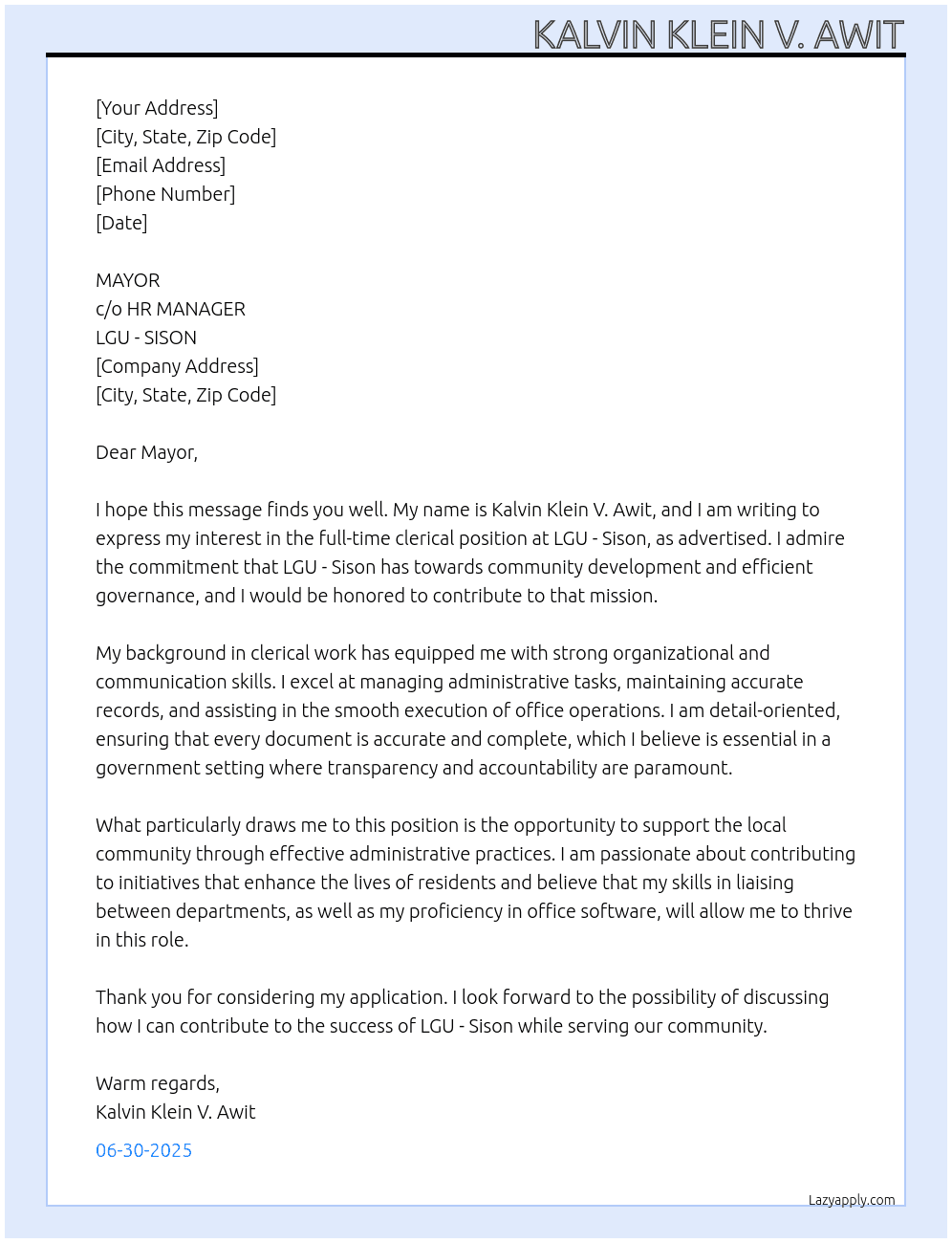 JOB ORDER At LGU - SISON Cover Letter