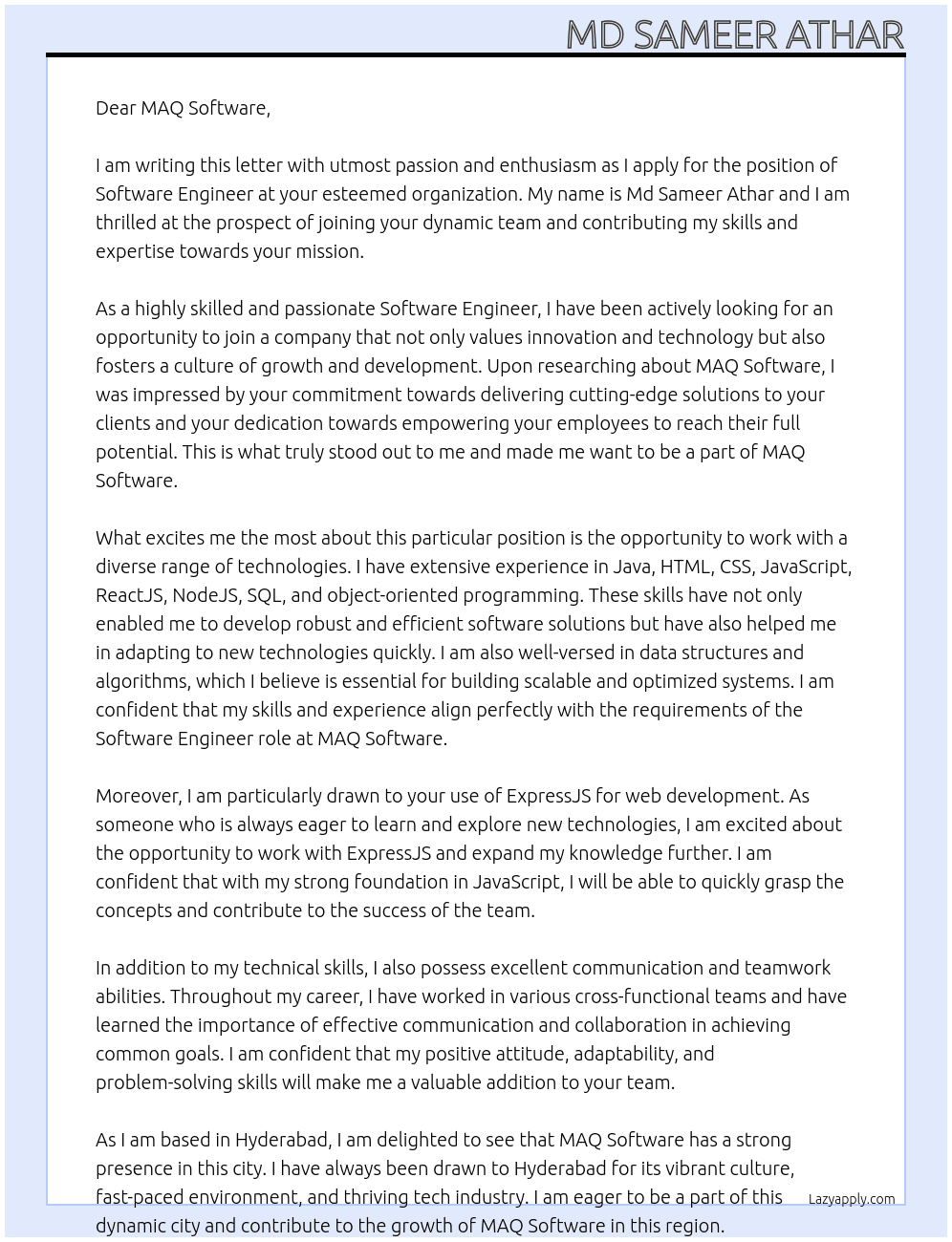 Software Engineer At MAQ Software Cover Letter