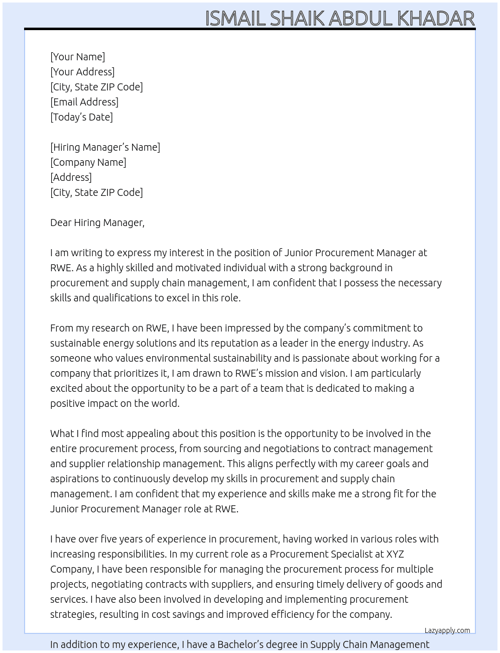 Junior Procurement Manager At RWE Cover Letter