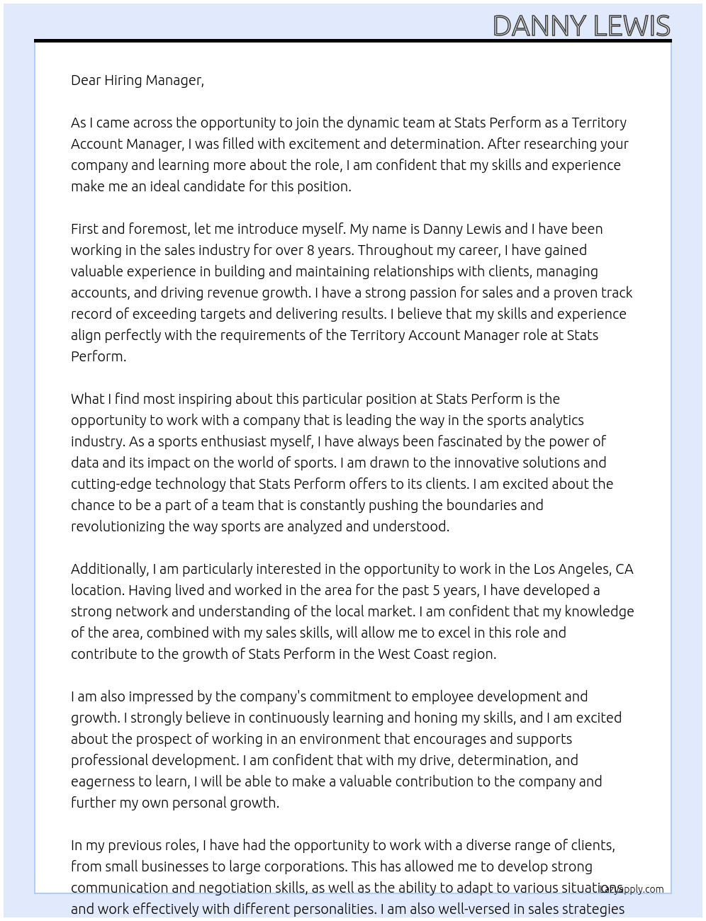 Territory Account Manager At Stats Perform Cover Letter