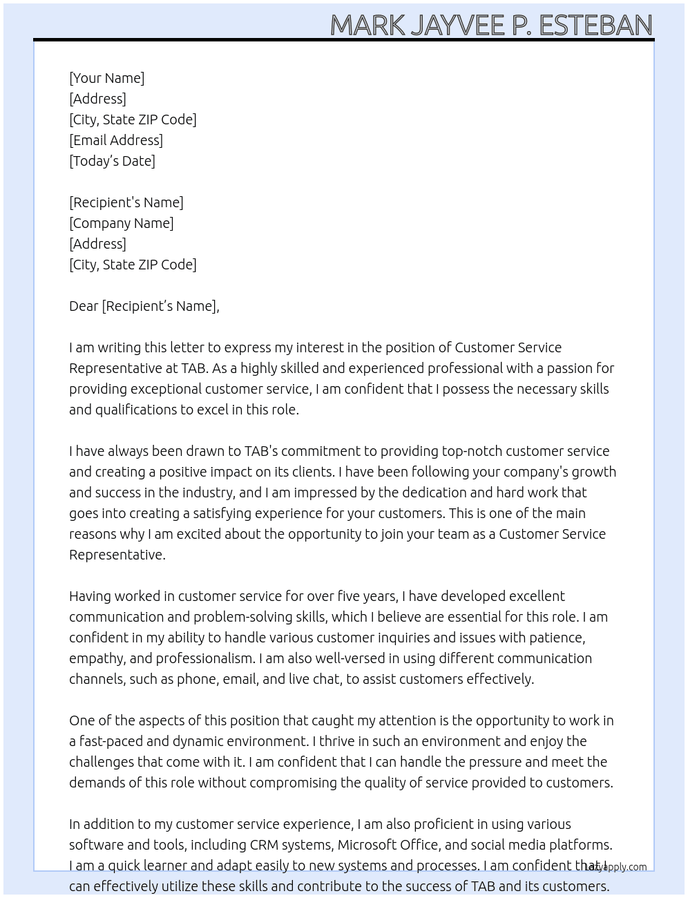 Customer Service Representative At TAB Cover Letter