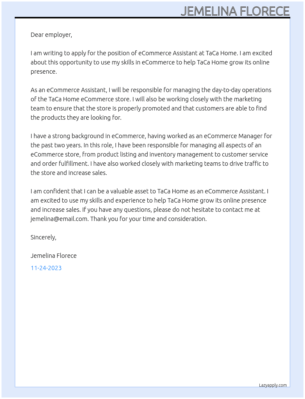 eCommerce Assistant At TaCa Home  Cover Letter