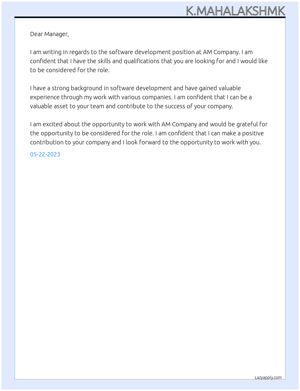 Software development At AM Company Cover Letter