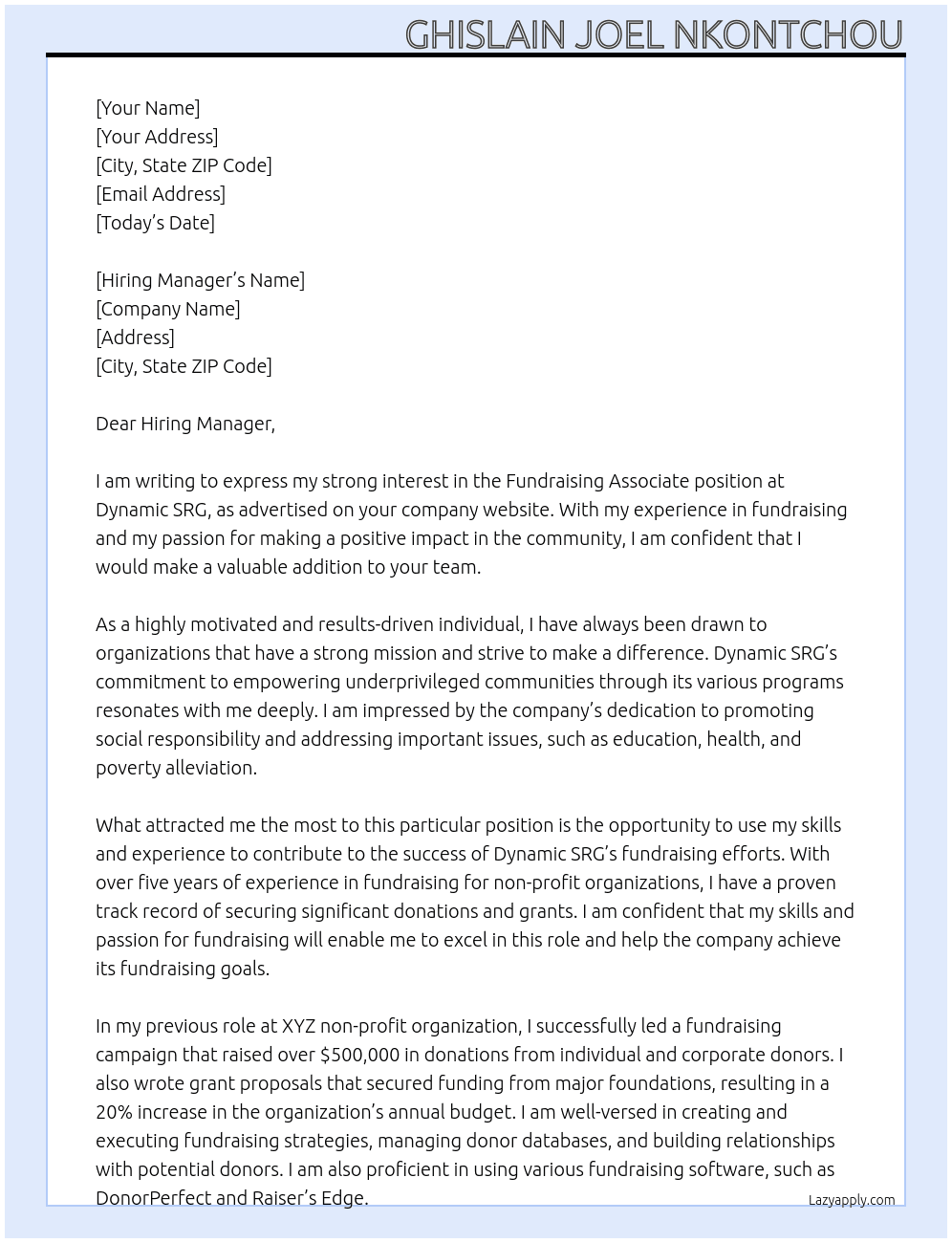 Fundraising Associate At Dynamic SRG Cover Letter