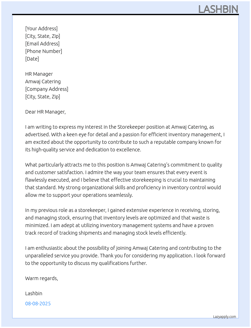 storekeeper At amwaj catering Cover Letter