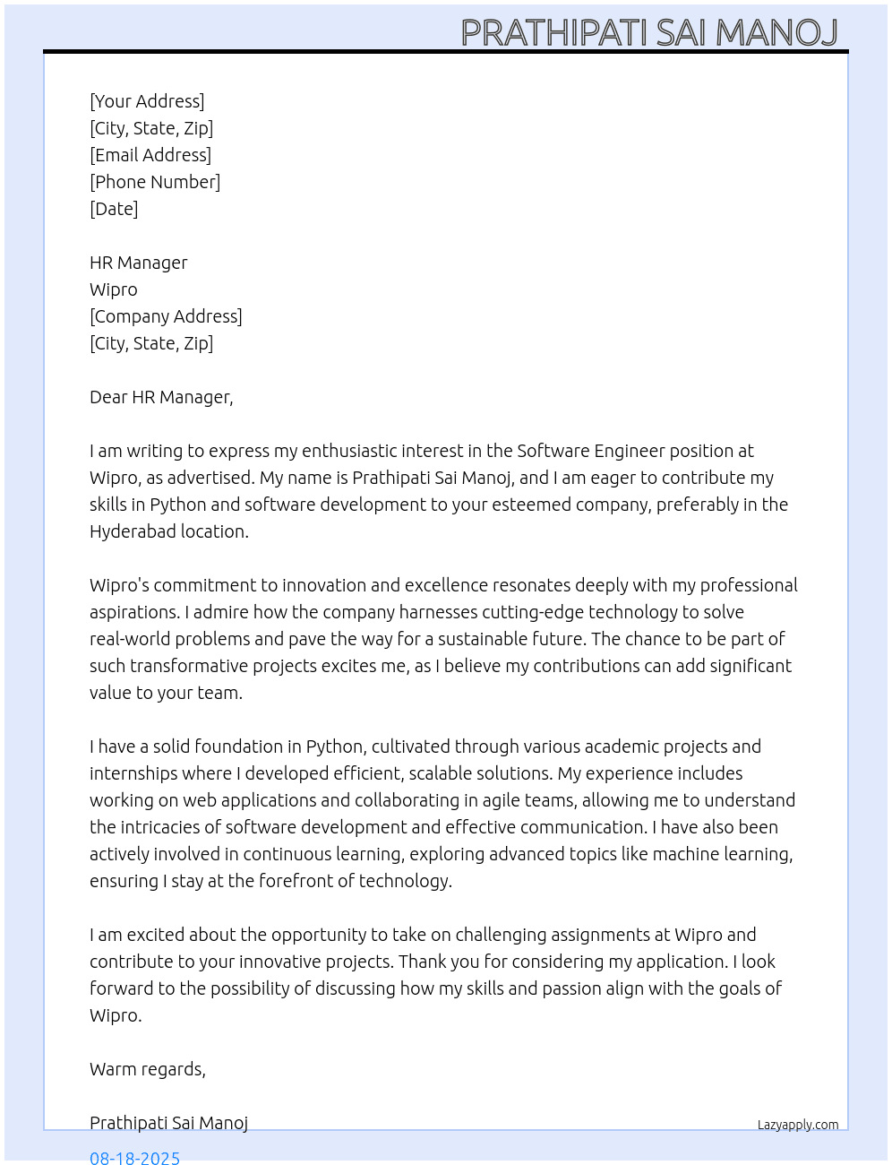 Software Engineer At Wipro Cover Letter