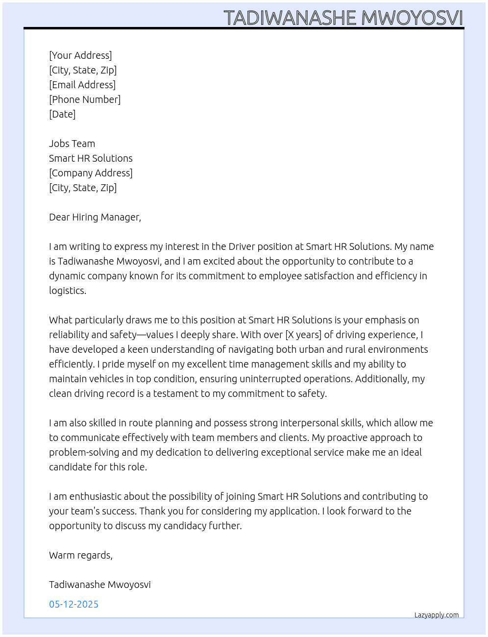 Driver  At Smart HR Solutions  Cover Letter