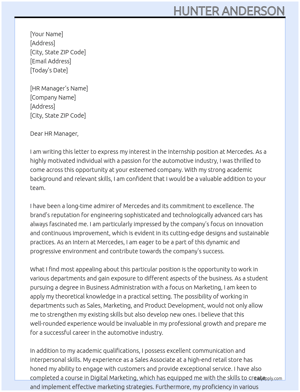 Internship At Mercedes  Cover Letter