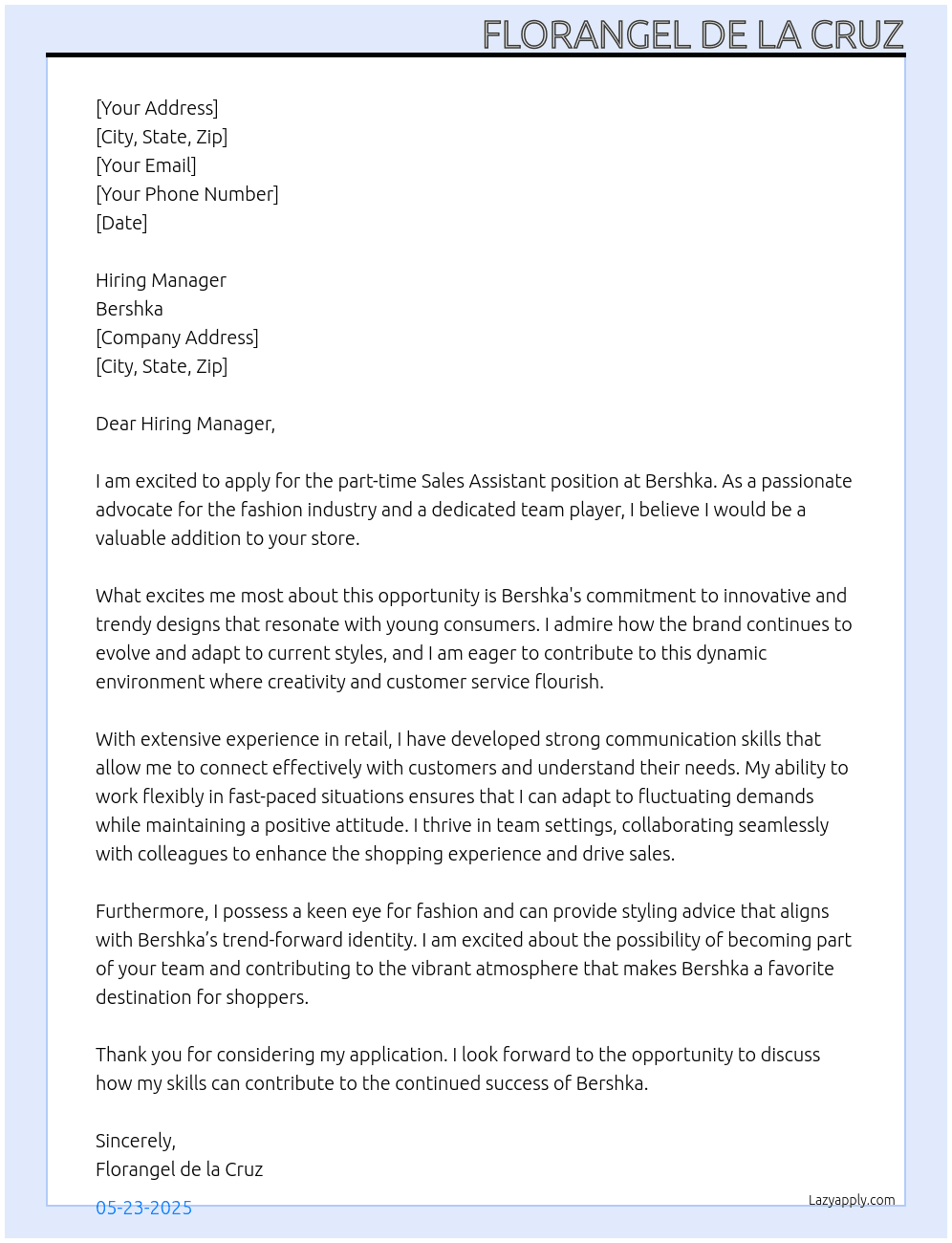 Sales Assistant At Bershka Cover Letter