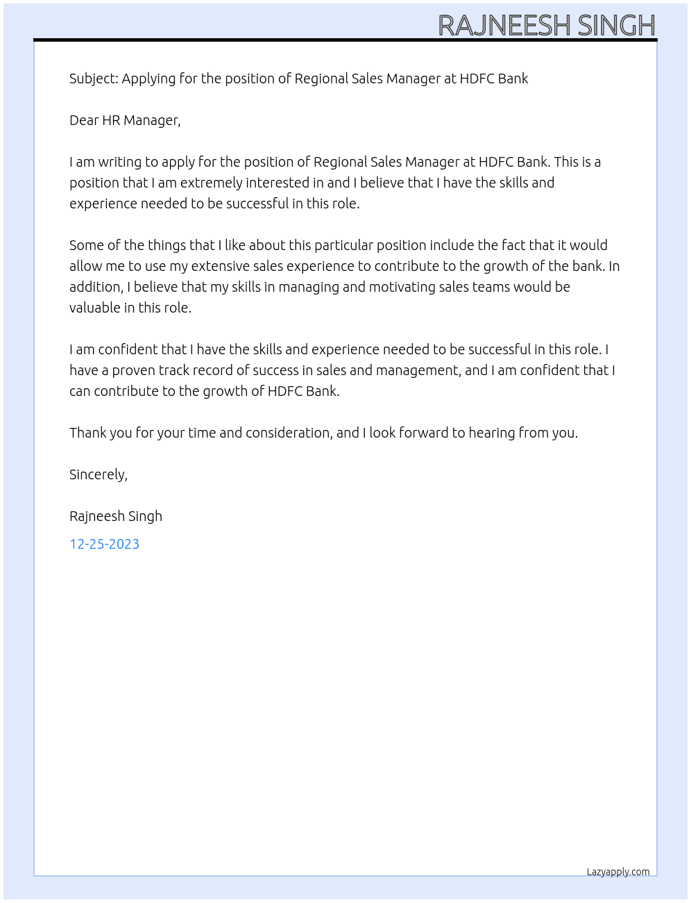 Regional sales Manager  At HDFC Bank Cover Letter