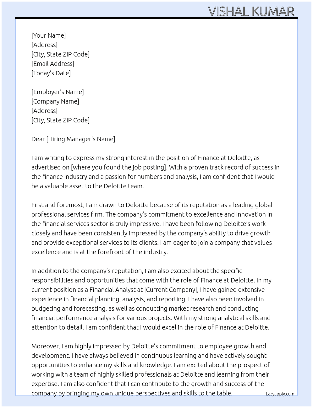 Finance  At delliote Cover Letter