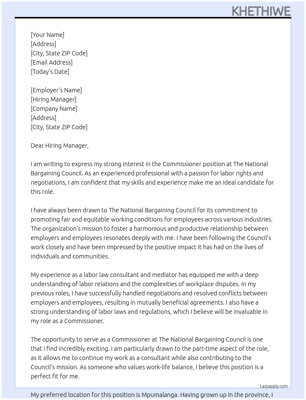 Commissioner  At The Natio Bargaining Council Cover Letter