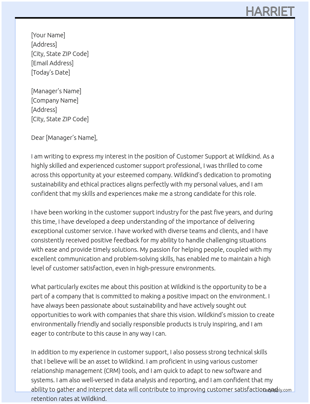 Customer support At Wildkind  Cover Letter
