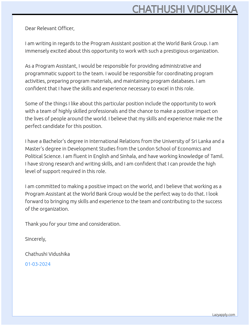 Program Assistant At World Bank Group Cover Letter