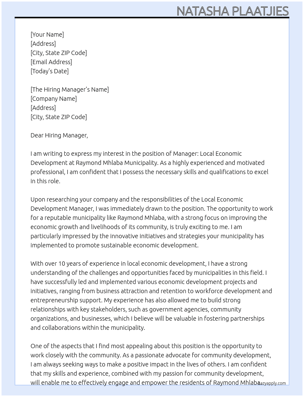Manager: Local Economic Development At Raymond Mhlaba Municipality Cover Letter