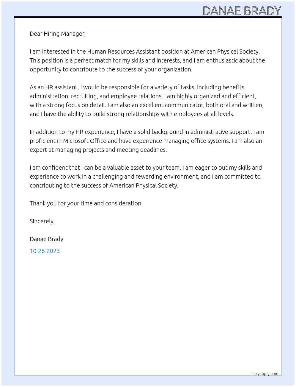 Human Resources Assistant  At American Physical Society Cover Letter