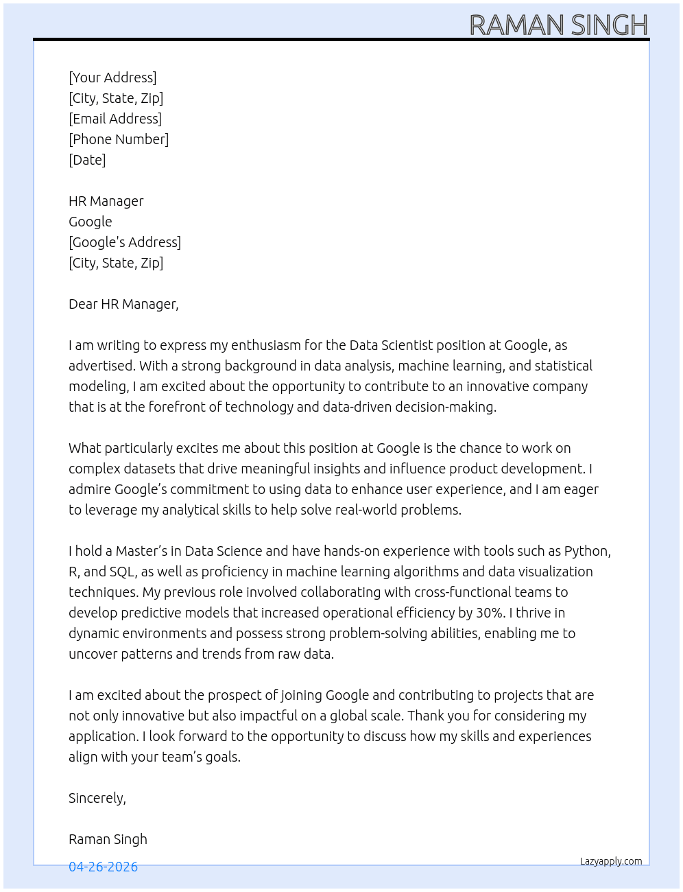 Data scientist At Google Cover Letter