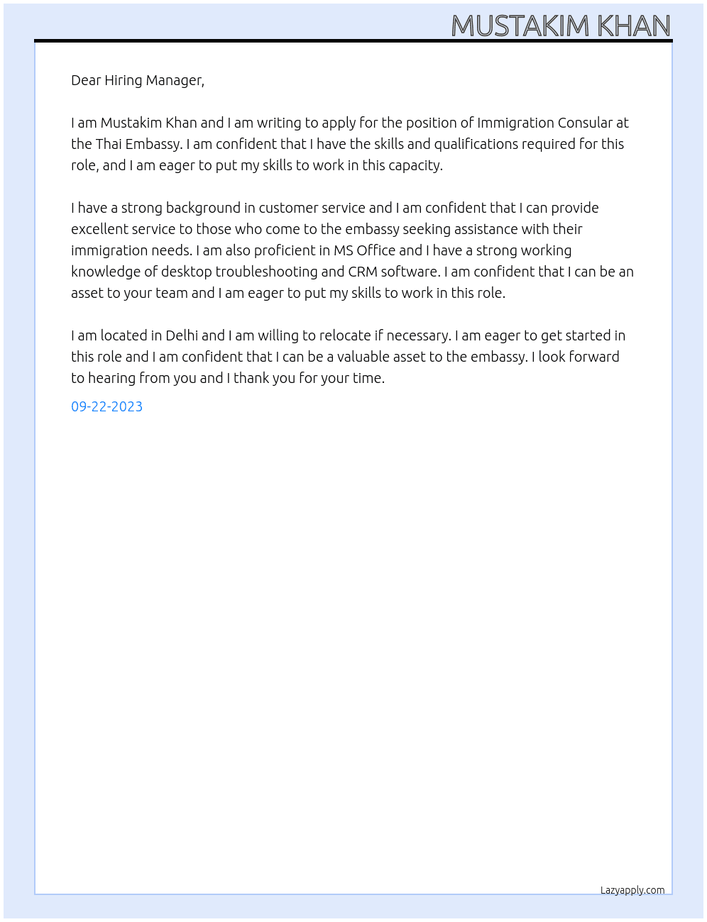 Immigration Consular At Thai Embassy  Cover Letter