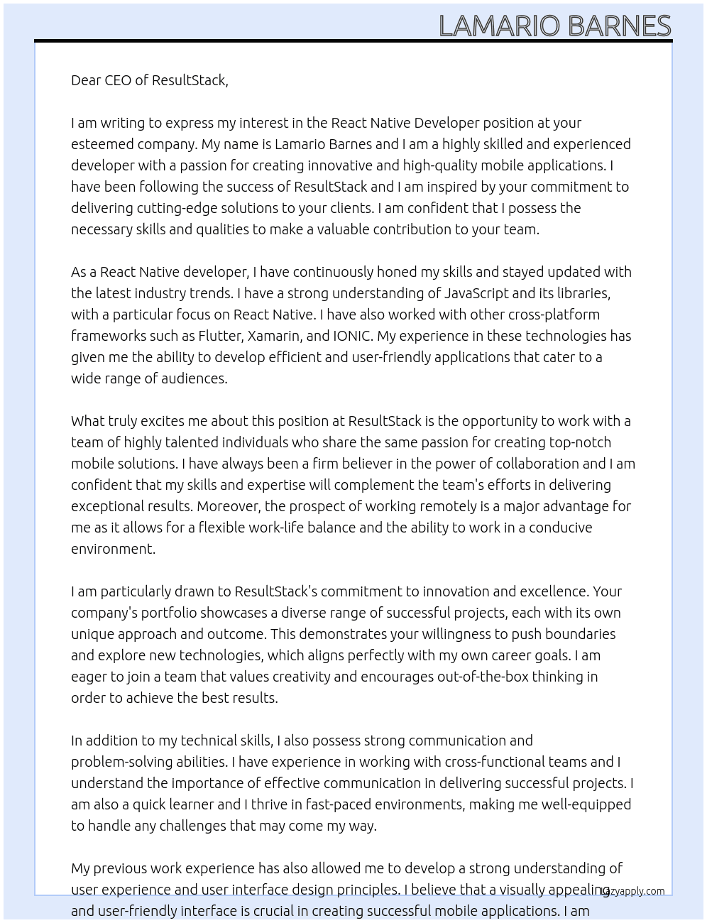 React Native developer At ResultStack Cover Letter
